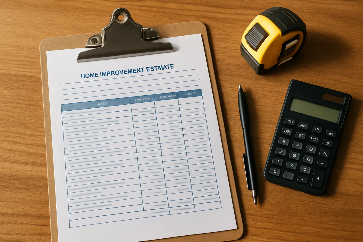 A detailed written home-improvement estimate on a clipboard with a calculator and tape measure