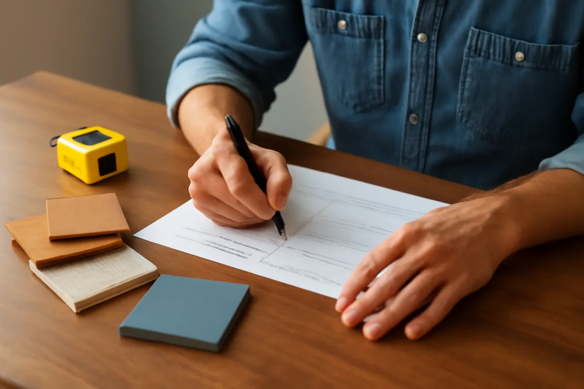 A homeowner writing a seasonal task list on paper with a tape measure and notes nearby on a table