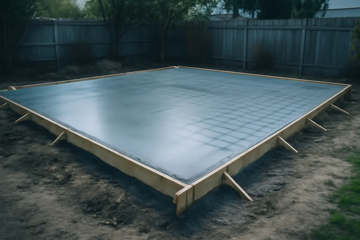 A large flat sheet laid over the ground inside a wood form frame on a bare dirt area, with a fence and trees behind it