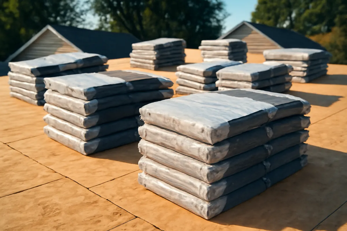 Bundles of roofing material stacked on a plywood roof deck with house rooflines and trees in the background under a blue sky