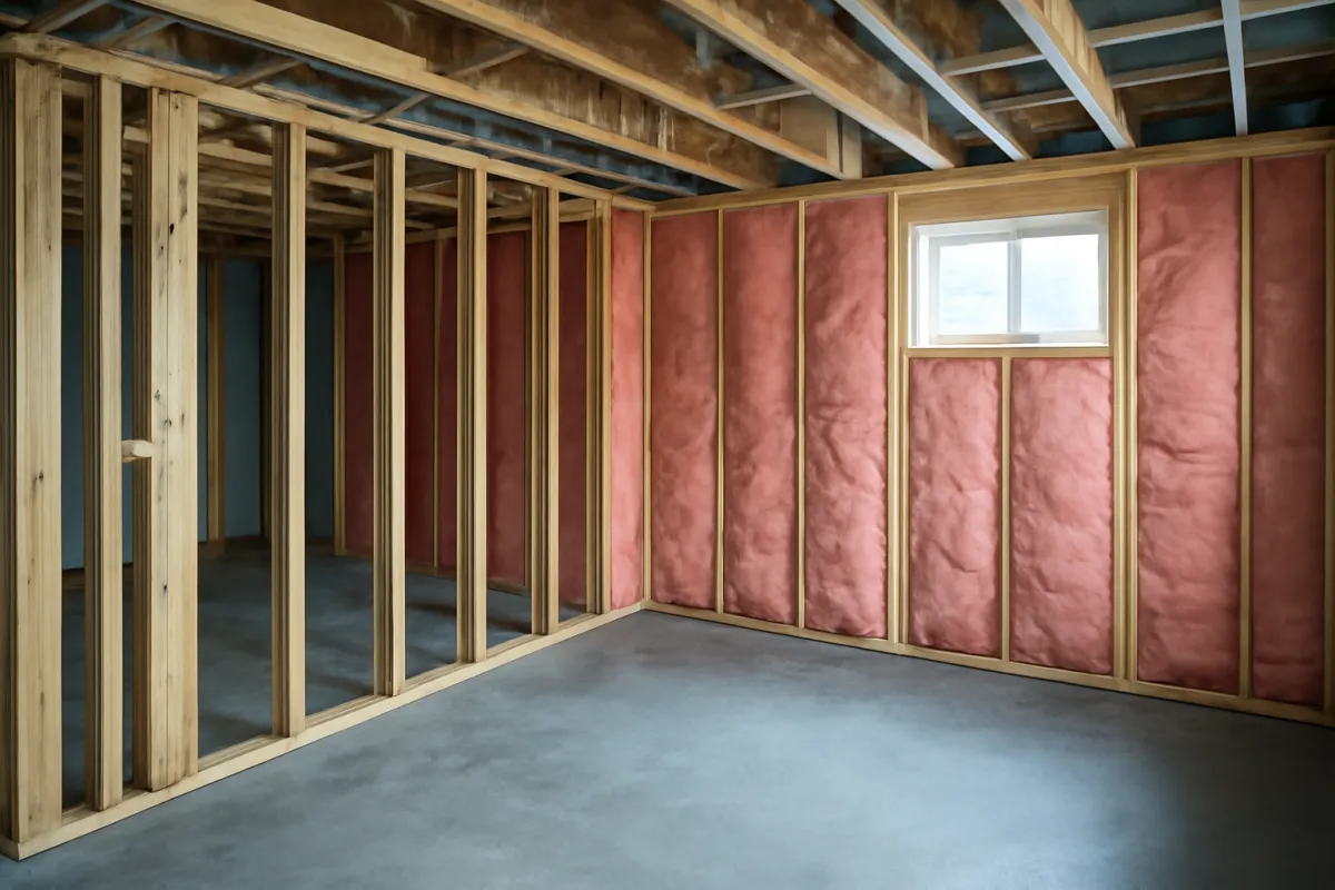A basement under construction showing new wood stud framing walls with pink insulation batts and exposed ceiling joists overhead