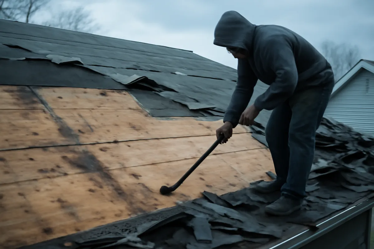 A roof mid tear-off with old shingles stripped away, exposing weathered plywood decking, with a worker holding a pry bar