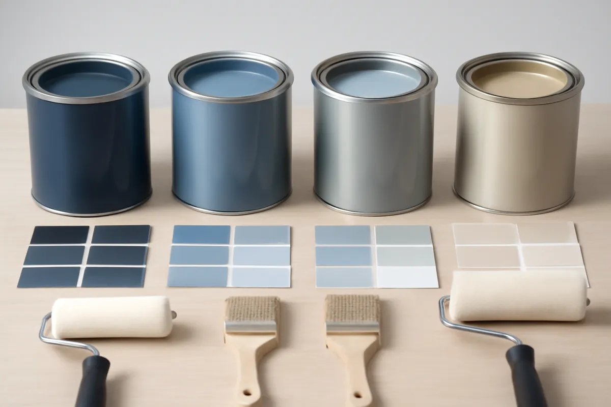 A row of cans and color sample swatches lined up on a table, representing the color and finish choices behind a decorative floor coating