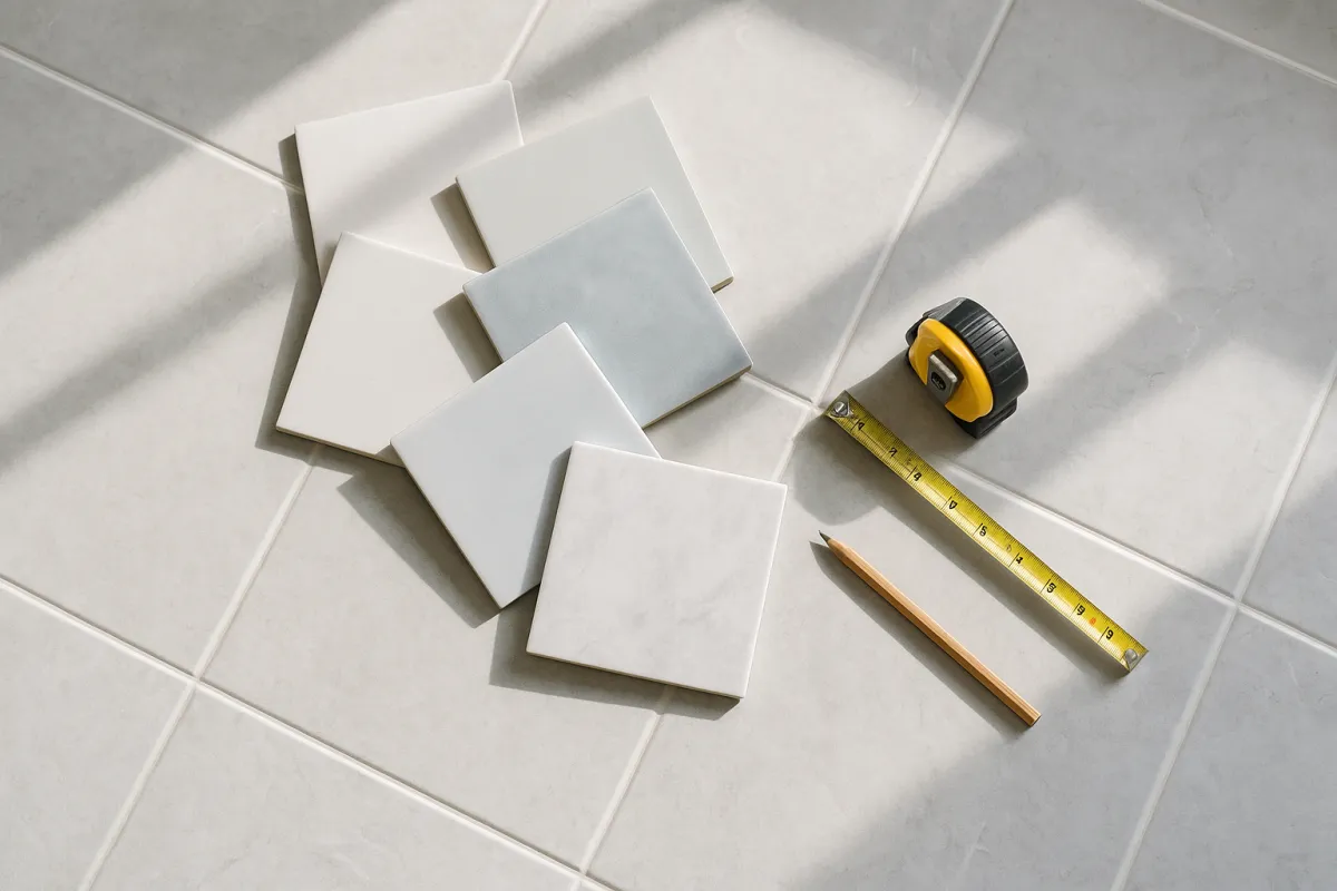 Ceramic and porcelain tile samples fanned out on a bathroom floor beside a tape measure