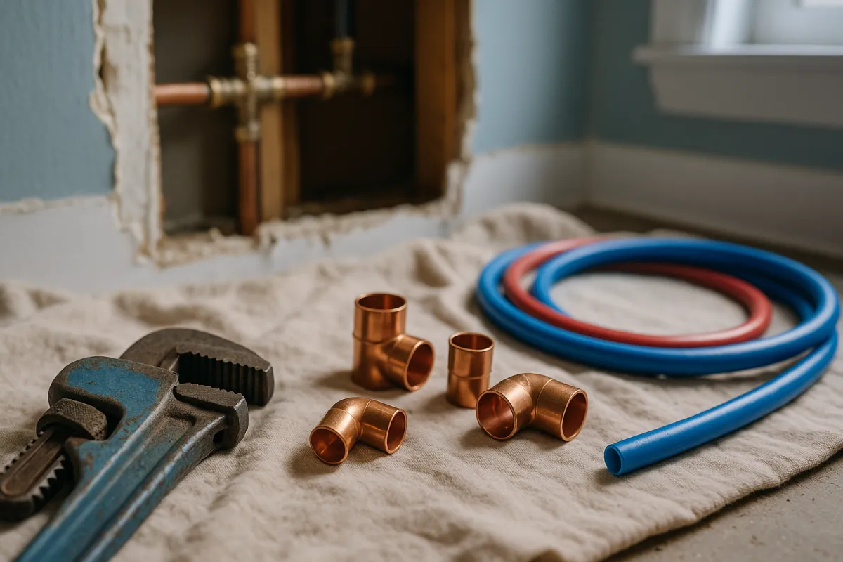 A pipe wrench, copper fittings and coiled red and blue tubing on a drop cloth in front of an opened wall showing copper supply pipes