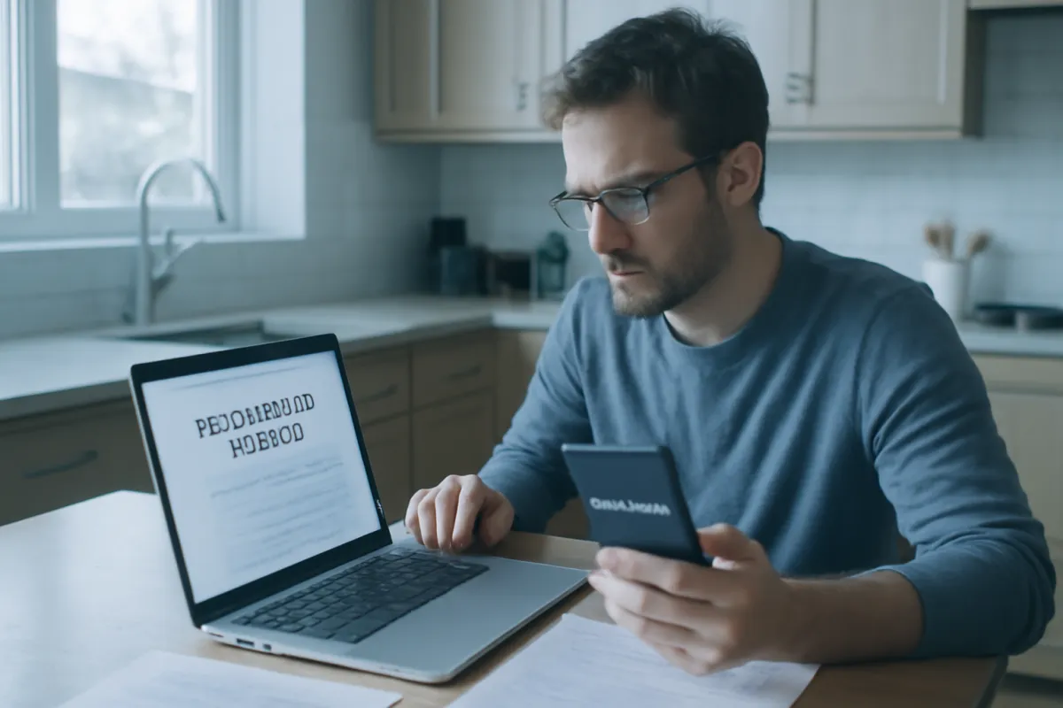 A homeowner checking a contractor's license number and certificate of insurance on a laptop and phone at a kitchen table