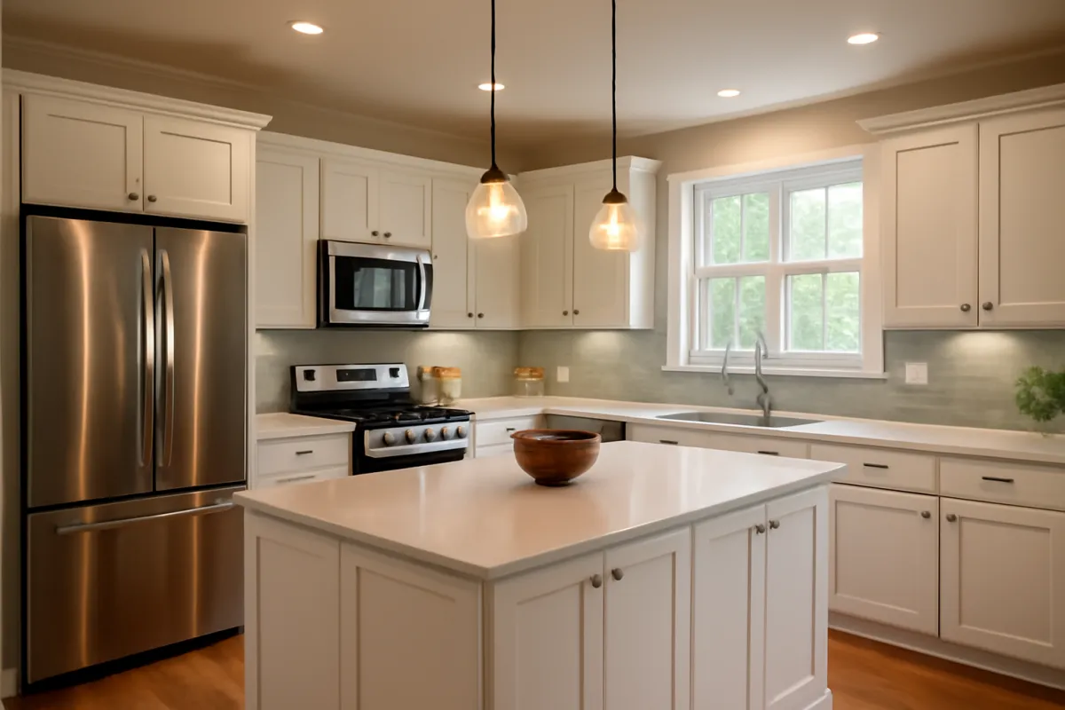 A renovated modern kitchen with white cabinets, quartz counters, and pendant lighting in warm natural light