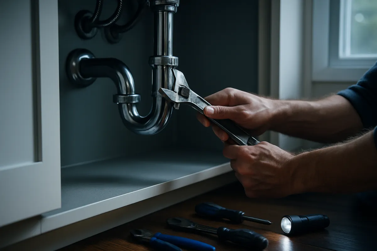 Two hands using an adjustable wrench on a chrome P-trap and tailpiece under a white sink cabinet, with screwdrivers, pliers and a small flashlight laid out on the dark floor in front