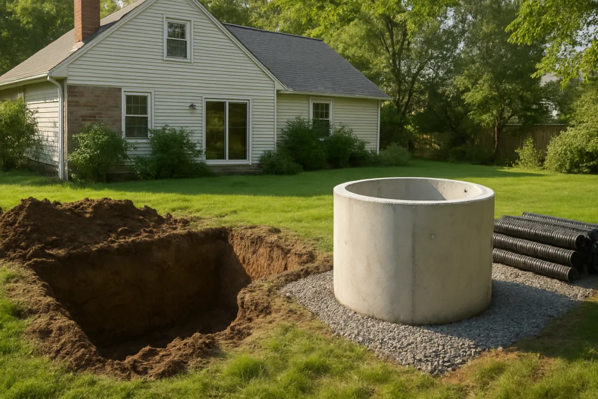 A pale sided house with a lawn in front of it, an open rectangular excavation with a mound of dark earth beside it, a large concrete cylinder set on a gravel bed, and lengths of black corrugated pipe stacked on the grass