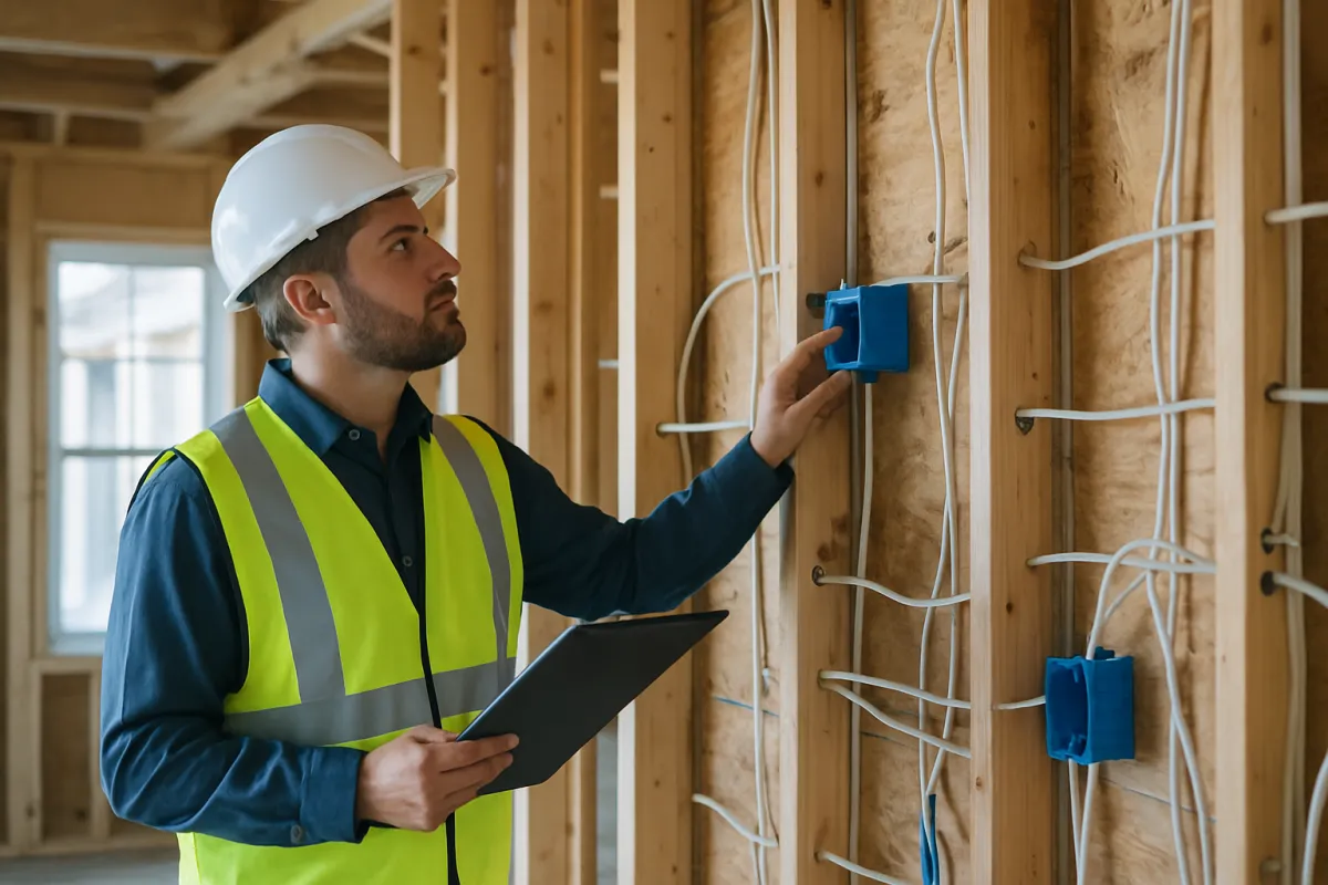 An electrician in a hard hat and hi-vis vest inspecting rough electrical wiring inside a framed wall, the kind of electrical work a standby generator install involves