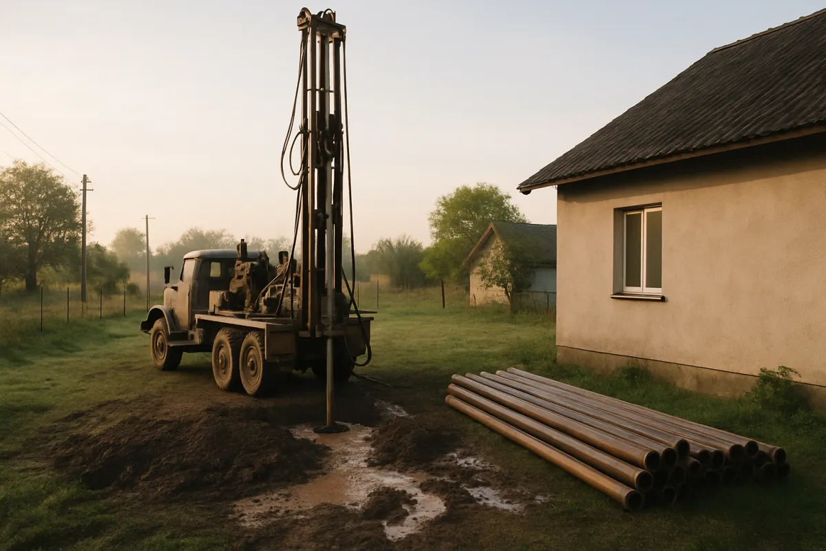 A truck mounted drilling rig with its mast raised over a muddy patch of rural ground, lengths of steel pipe laid out on the grass to the right and a rendered house with a dark roof alongside